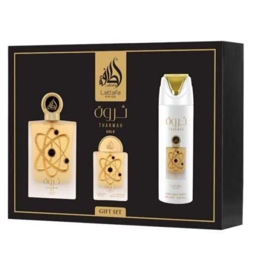 Lattafa Pride Tharwah Gold 4 unidades, 100 ml EDP + 20 ml EDP + Vaporizador perfumado + Vaporizador de bolsillo